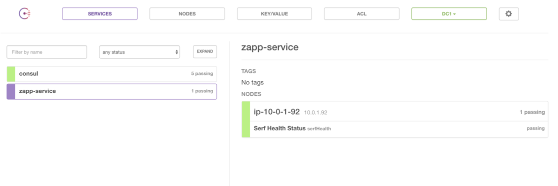 The Consul UI showing a new service