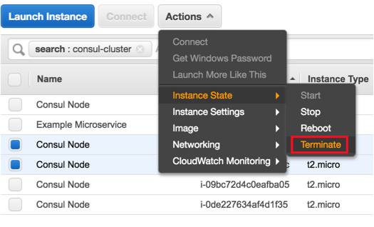 Screenshot showing two AWS instances being terminated