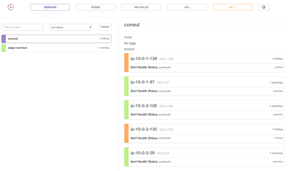 Screenshot showing the cluster highlighting two failed nodes