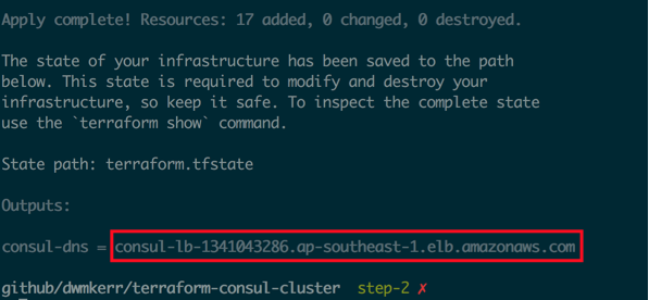 Screenshot showing ’terraform apply’ output, indicating our newly generated ELB’s public DNS