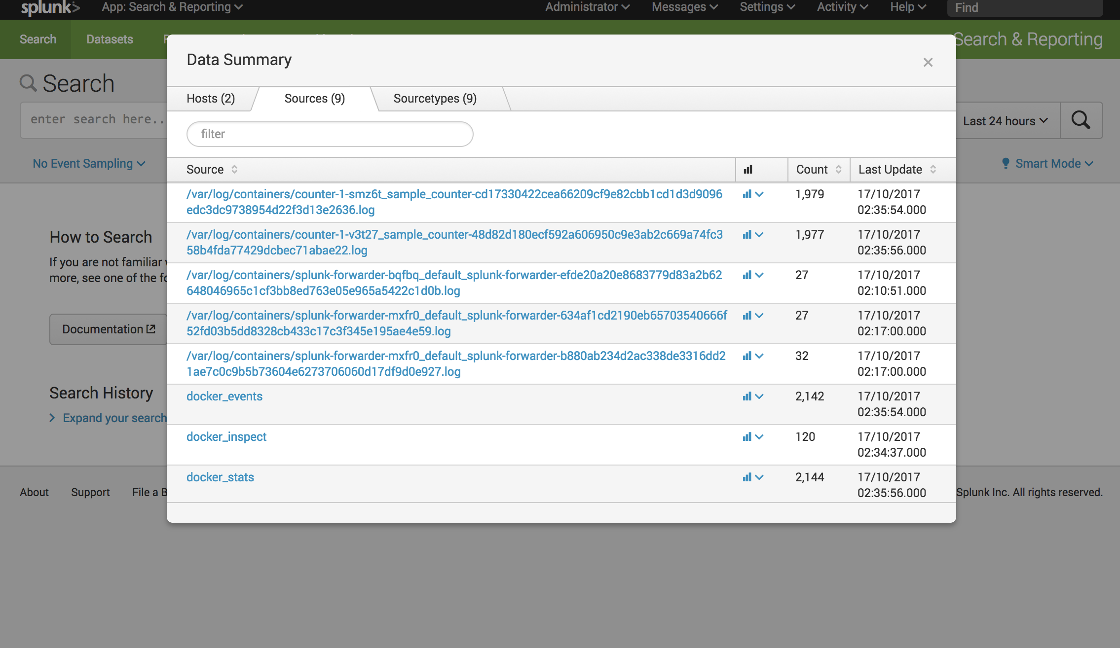 Screenshot: The Splunk data explorer