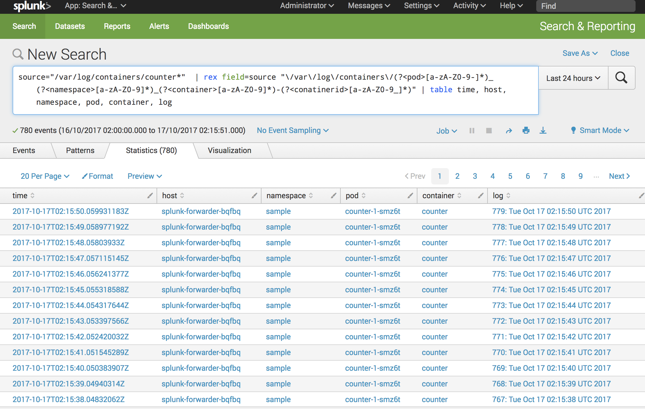 Screenshot: Counter service splunk
