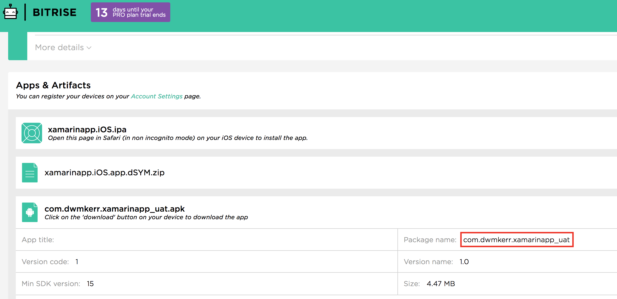 The built apps in Bitrise