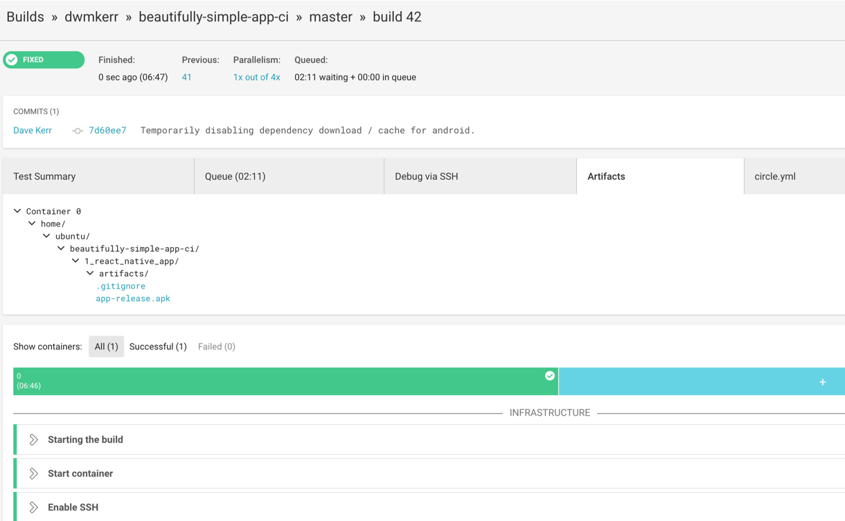 Screenshot of CircleCI and the artifacts