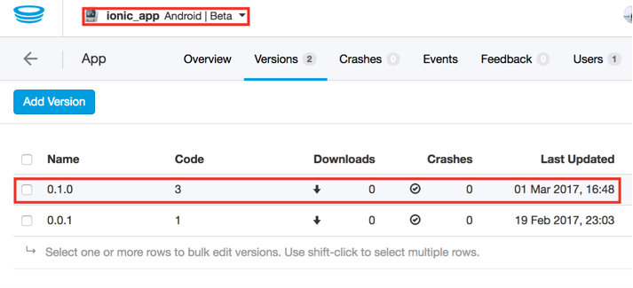 Screenshot of the newly versioned apps in HockeyApp