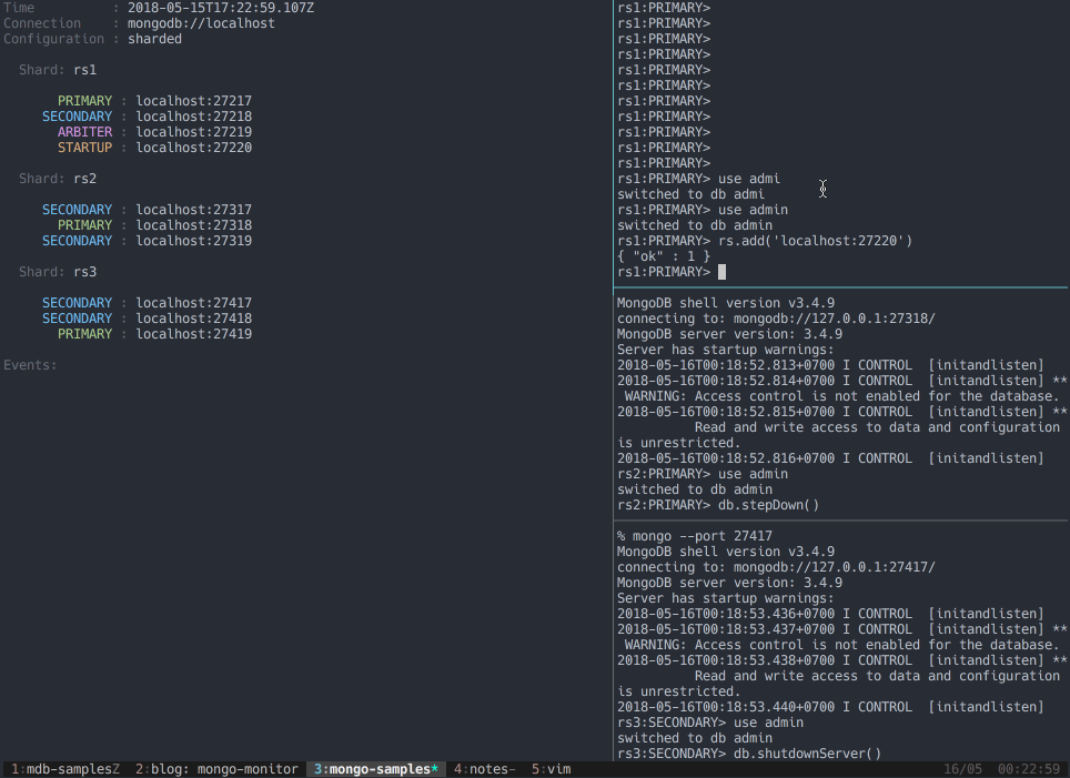 Screenshot: Using the mongo-monitor CLI to monitor a sharded cluster